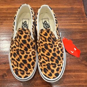 Vans leopard print slip ons.  Size 8 women’s, 6.5 in men’s.  Brand new with tag.